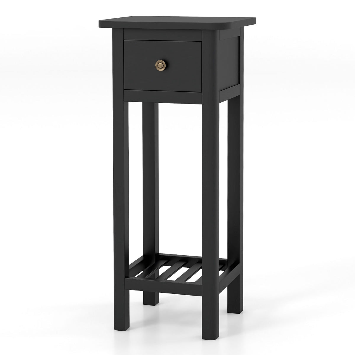 Slim 2-Tier Nightstand With Drawer and Shelf, Black