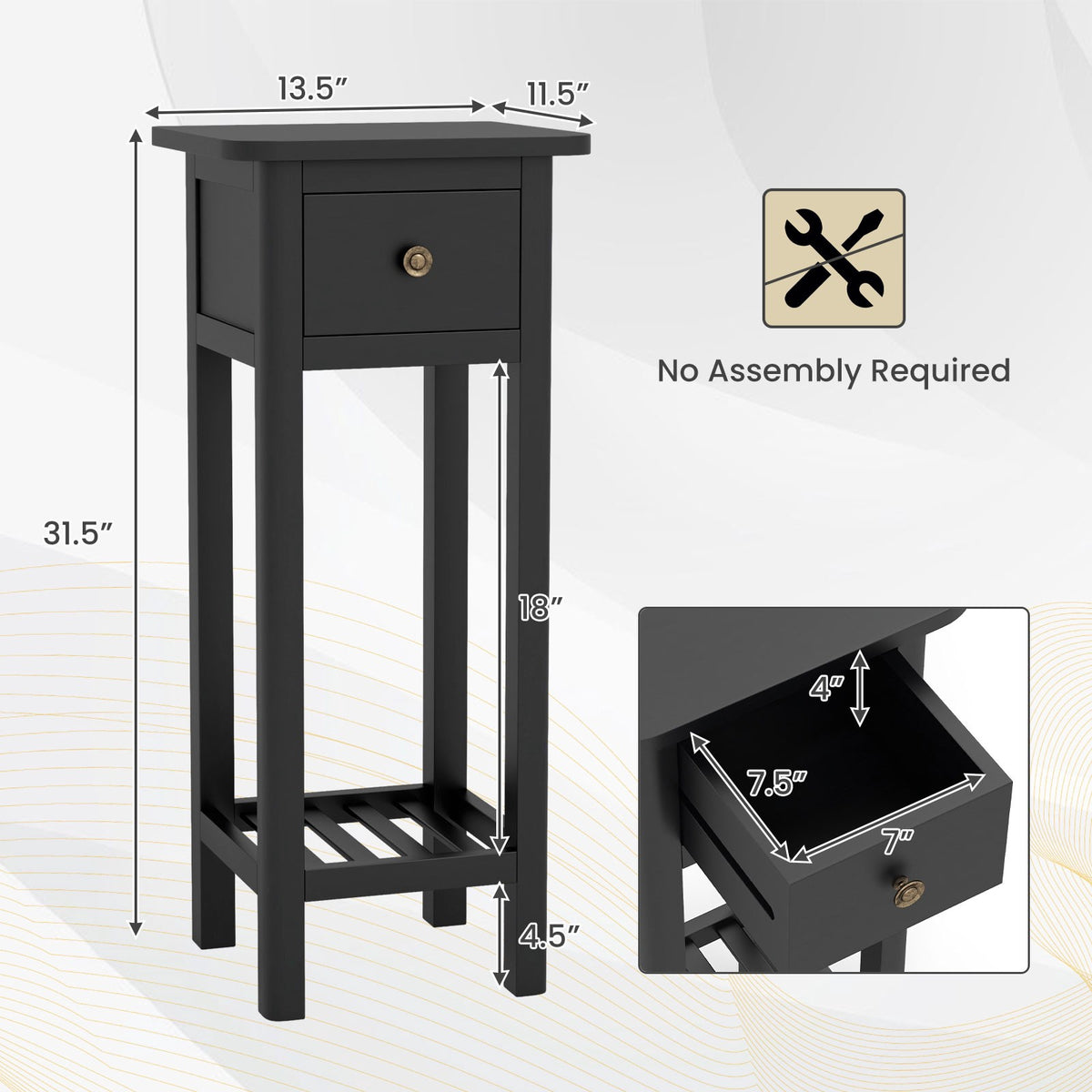 Slim 2-Tier Nightstand With Drawer and Shelf, Black
