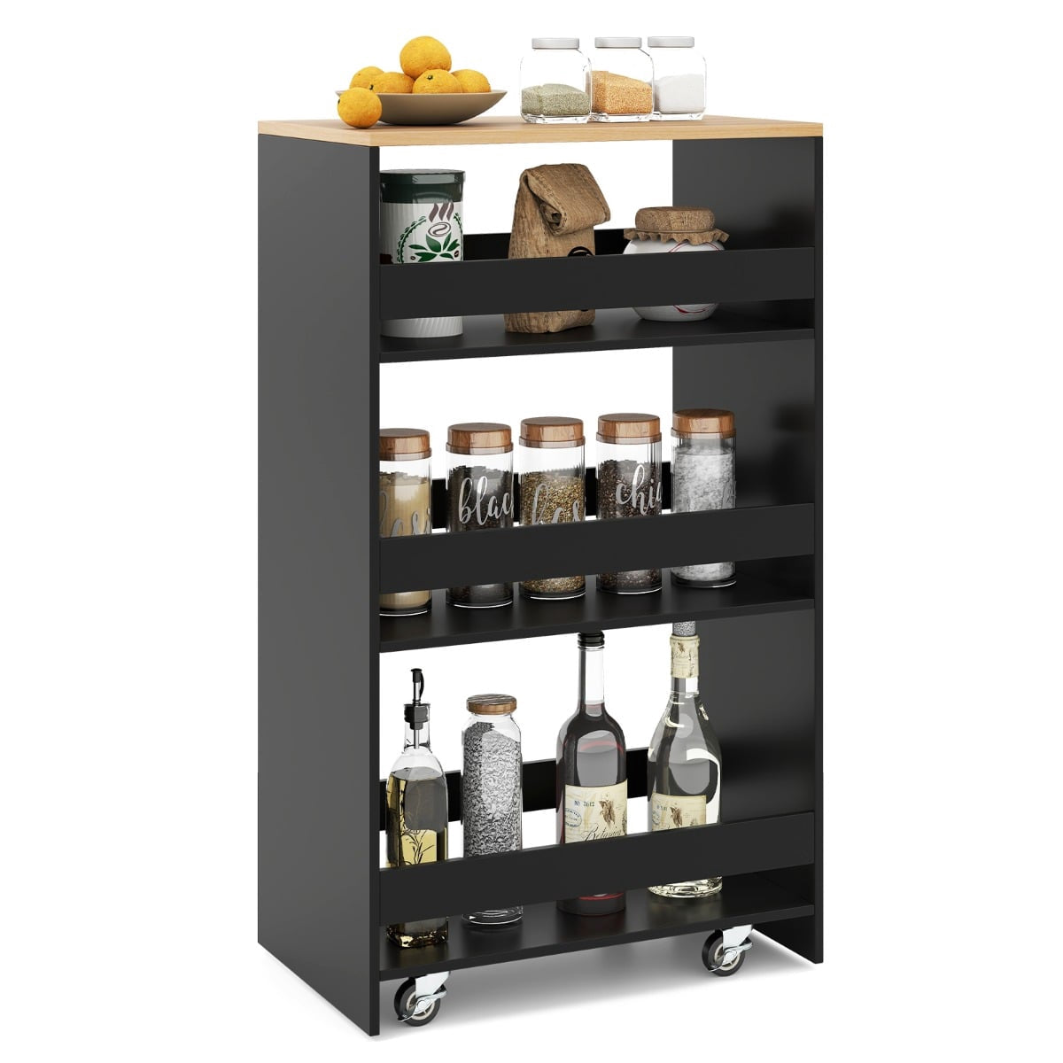 Slim 4-Tier Kitchen Cart with Handle & Rails, Black