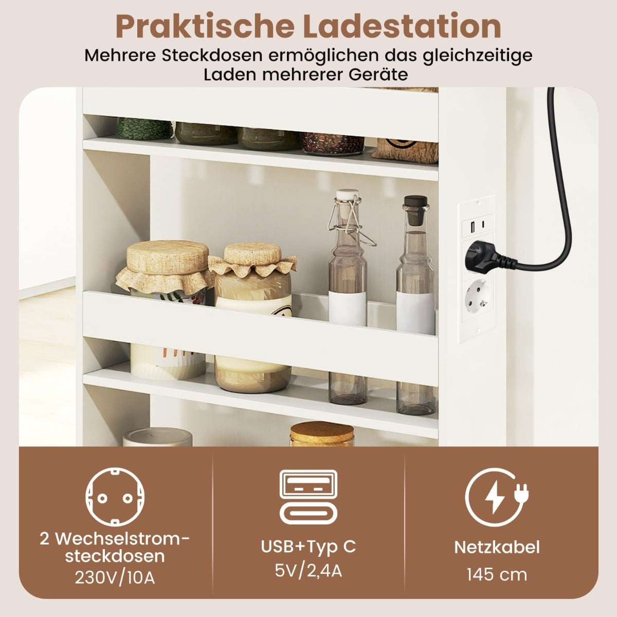 Slim 4-Tier Rolling Kitchen Cart with Charging Station