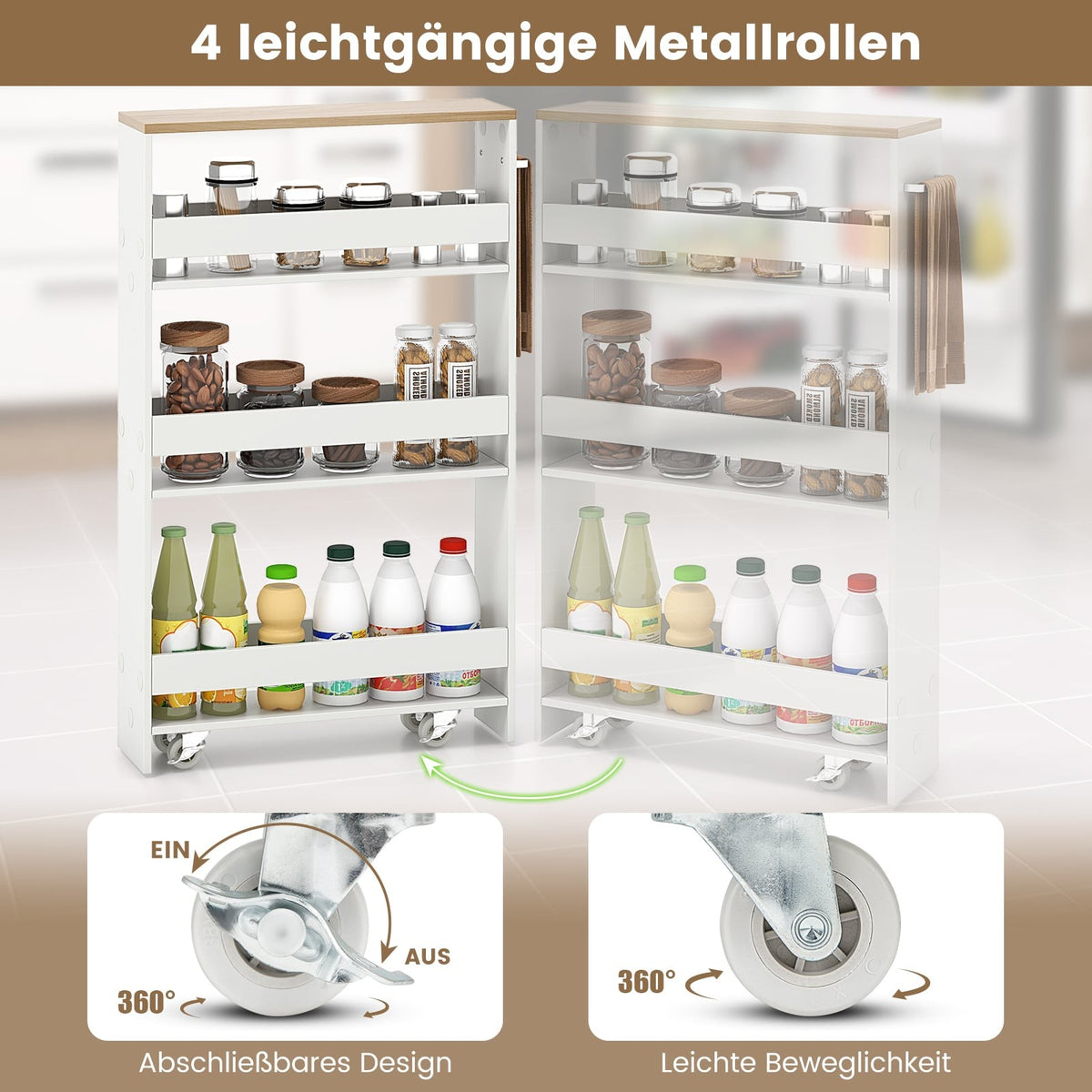 Slim 4-Tier Rolling Storage Cart with Open Shelves
