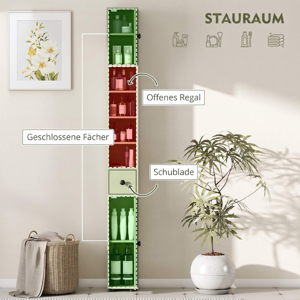 Slim Bathroom Cabinet with Drawer, 4 Shelves, Green, 20x20x180 cm
