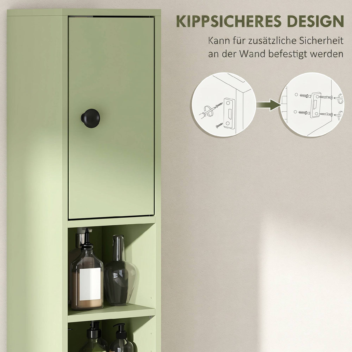 Slim Bathroom Cabinet with Drawer, 4 Shelves, Green, 20x20x180 cm