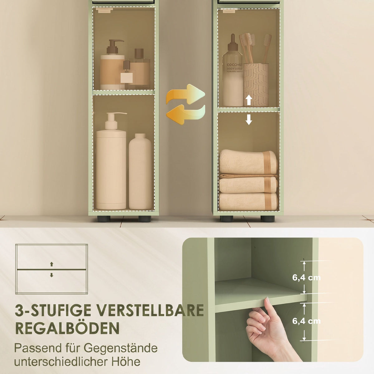 Slim Bathroom Cabinet with Drawer, 4 Shelves, Green, 20x20x180 cm