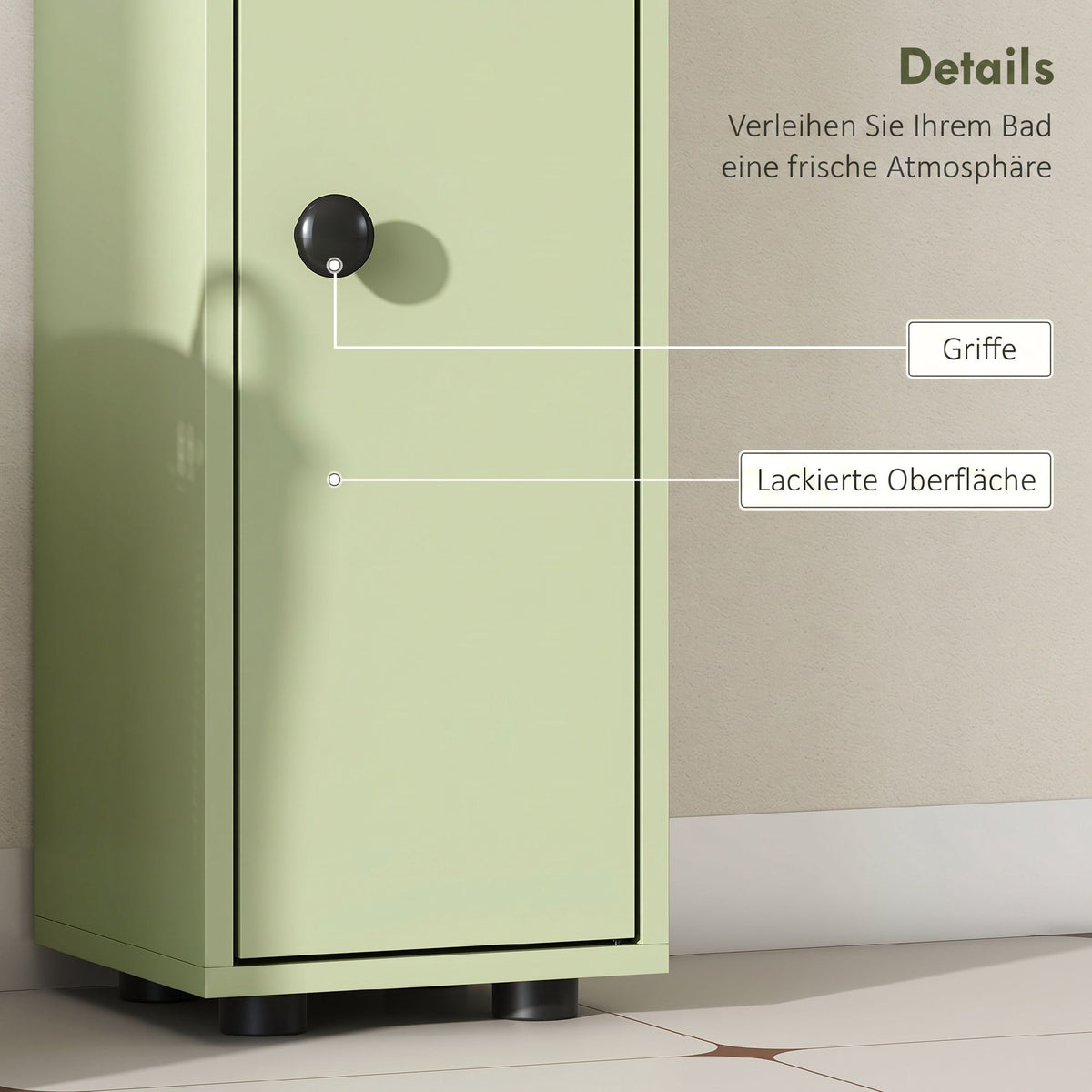 Slim Bathroom Cabinet with Drawer, 4 Shelves, Green, 20x20x180 cm