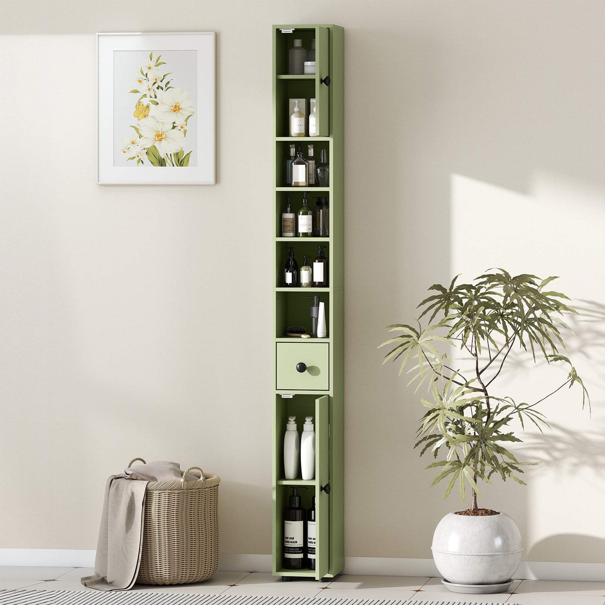 Slim Bathroom Cabinet with Drawer, 4 Shelves, Green, 20x20x180 cm