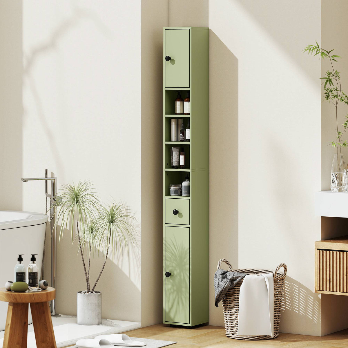 Slim Bathroom Cabinet with Drawer, 4 Shelves, Green, 20x20x180 cm