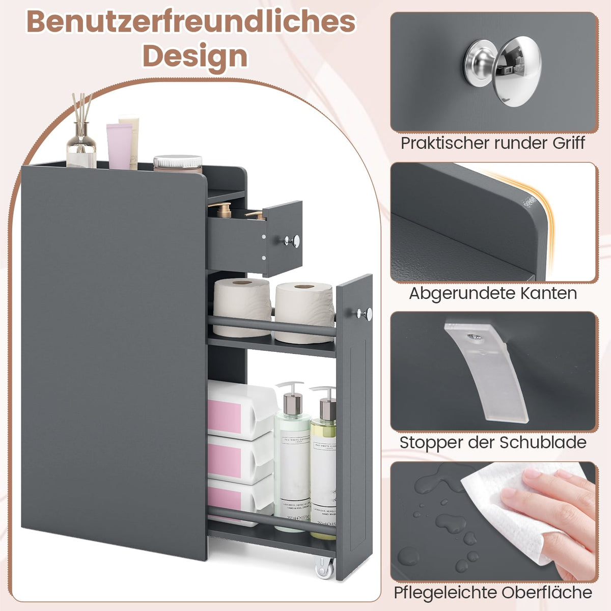 Slim Bathroom Cabinet with Drawers, Grey, Space-Saving Design