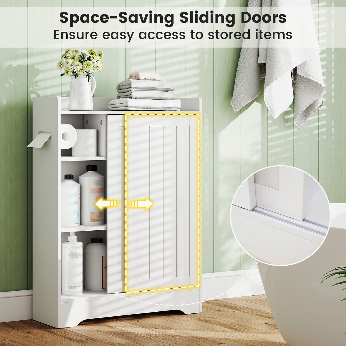Slim Bathroom Floor Cabinet With Sliding Doors, Toilet Paper Holders