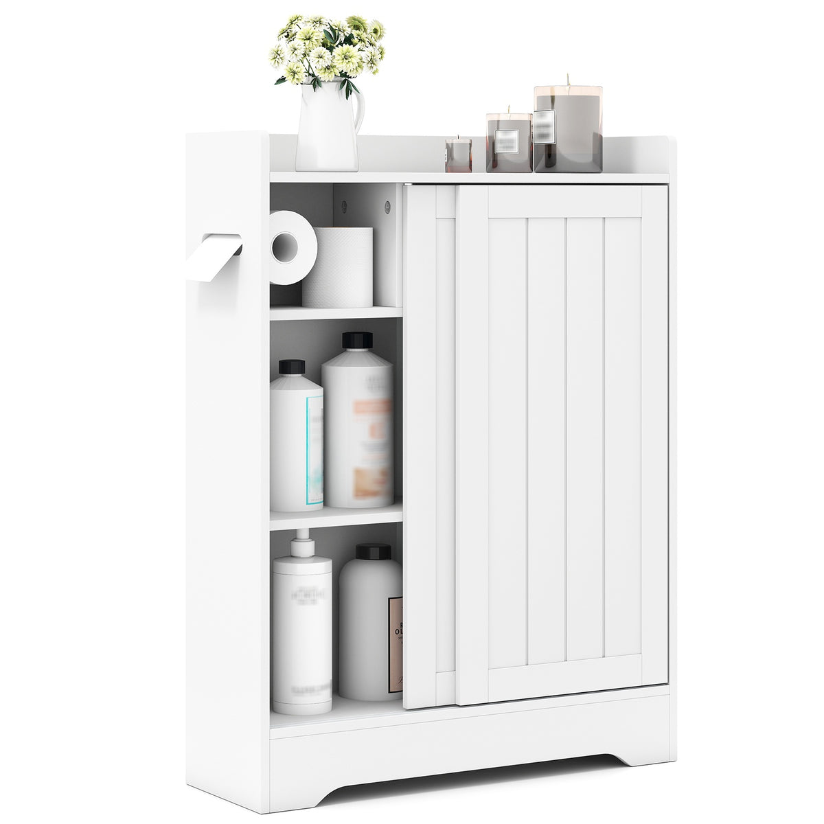 Slim Bathroom Floor Cabinet With Sliding Doors, Toilet Paper Holders