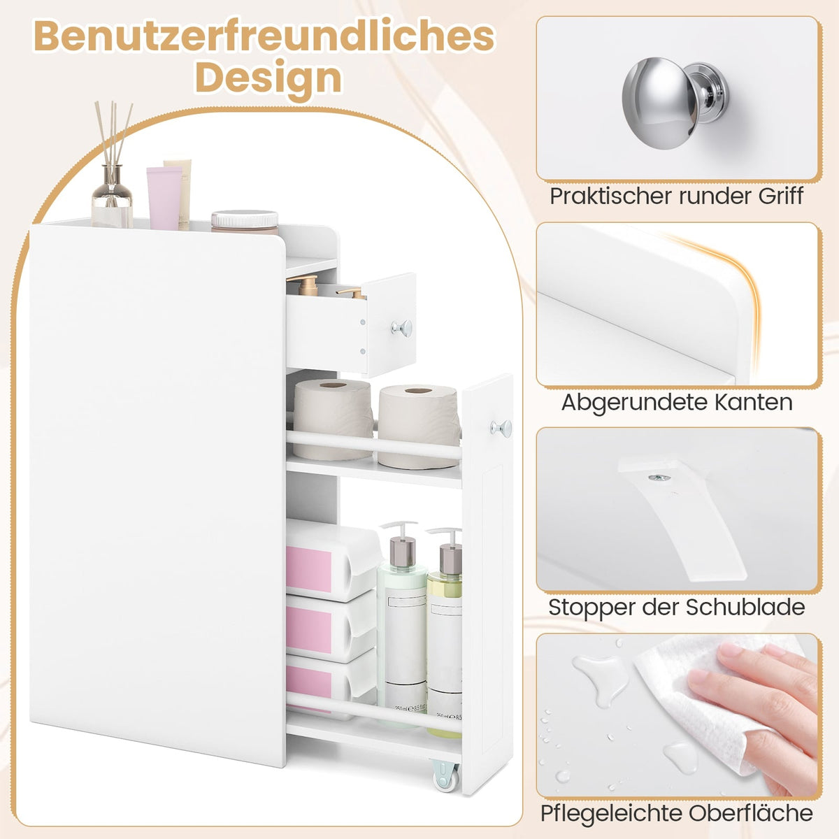 Slim Bathroom Storage Cabinet with Drawers, White, 4-Tier