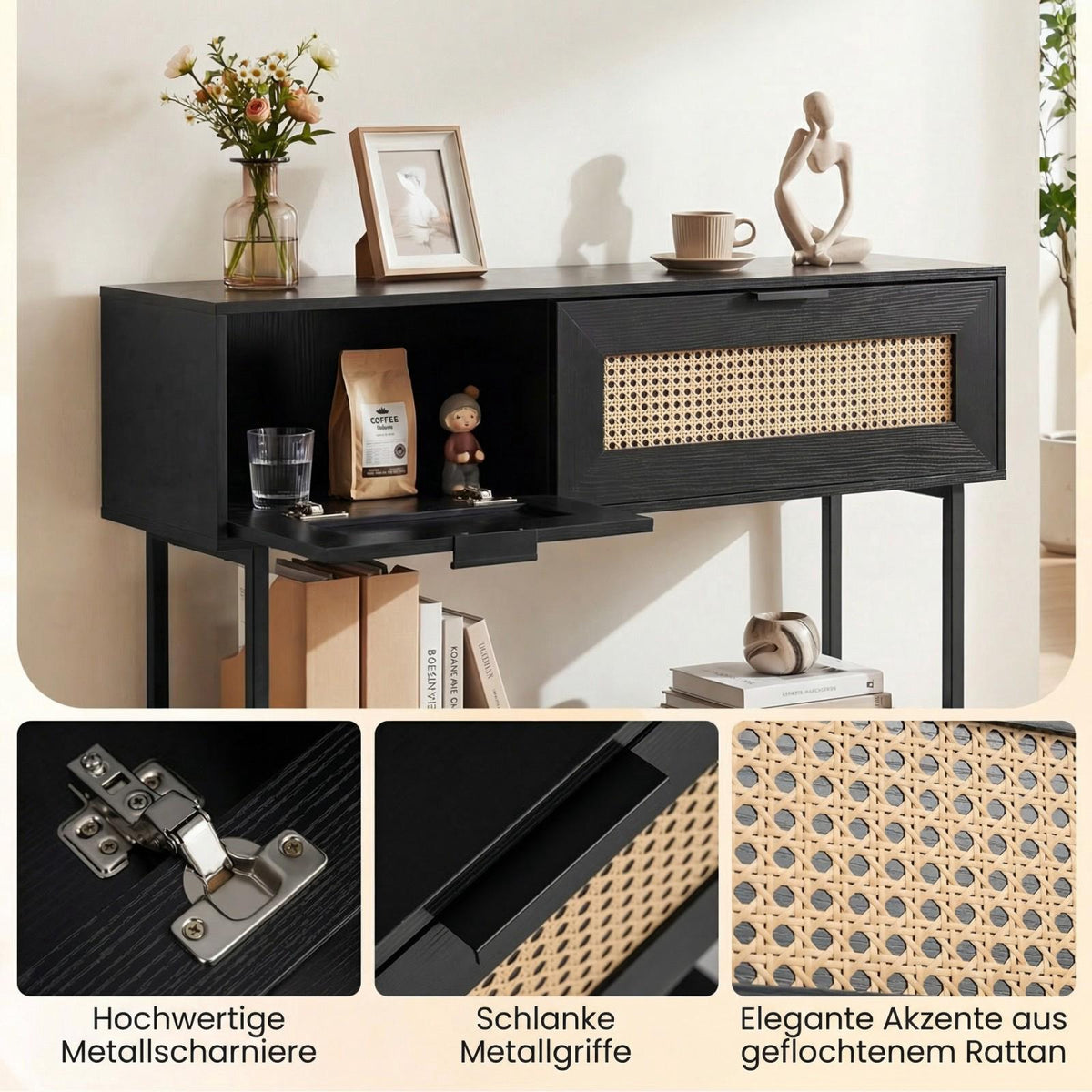 Slim Black Console Table with 2 Shelves & Rattan Design