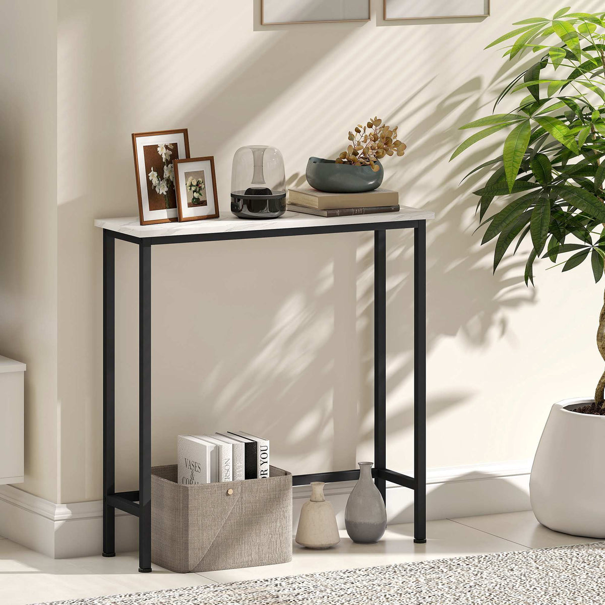 Slim Console Table, Marble-Look Top, 24 cm Depth