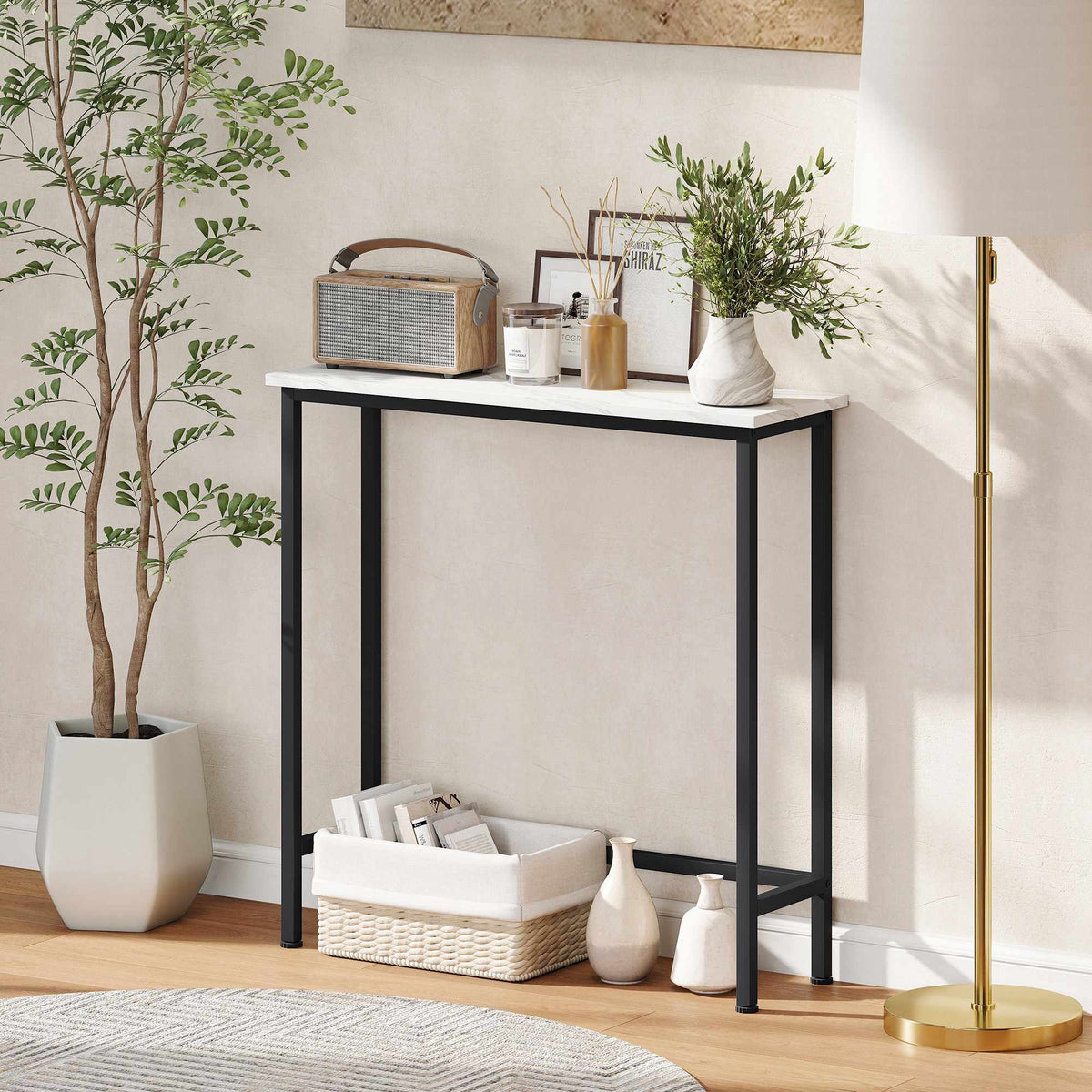 Slim Console Table, Marble-Look Top, 24 cm Depth