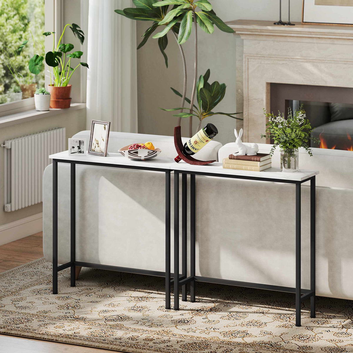 Slim Console Table, Marble-Look Top, 24 cm Depth