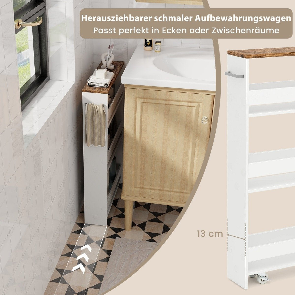 Slim Kitchen Trolley, 4-Tier Rolling Storage Cart, White