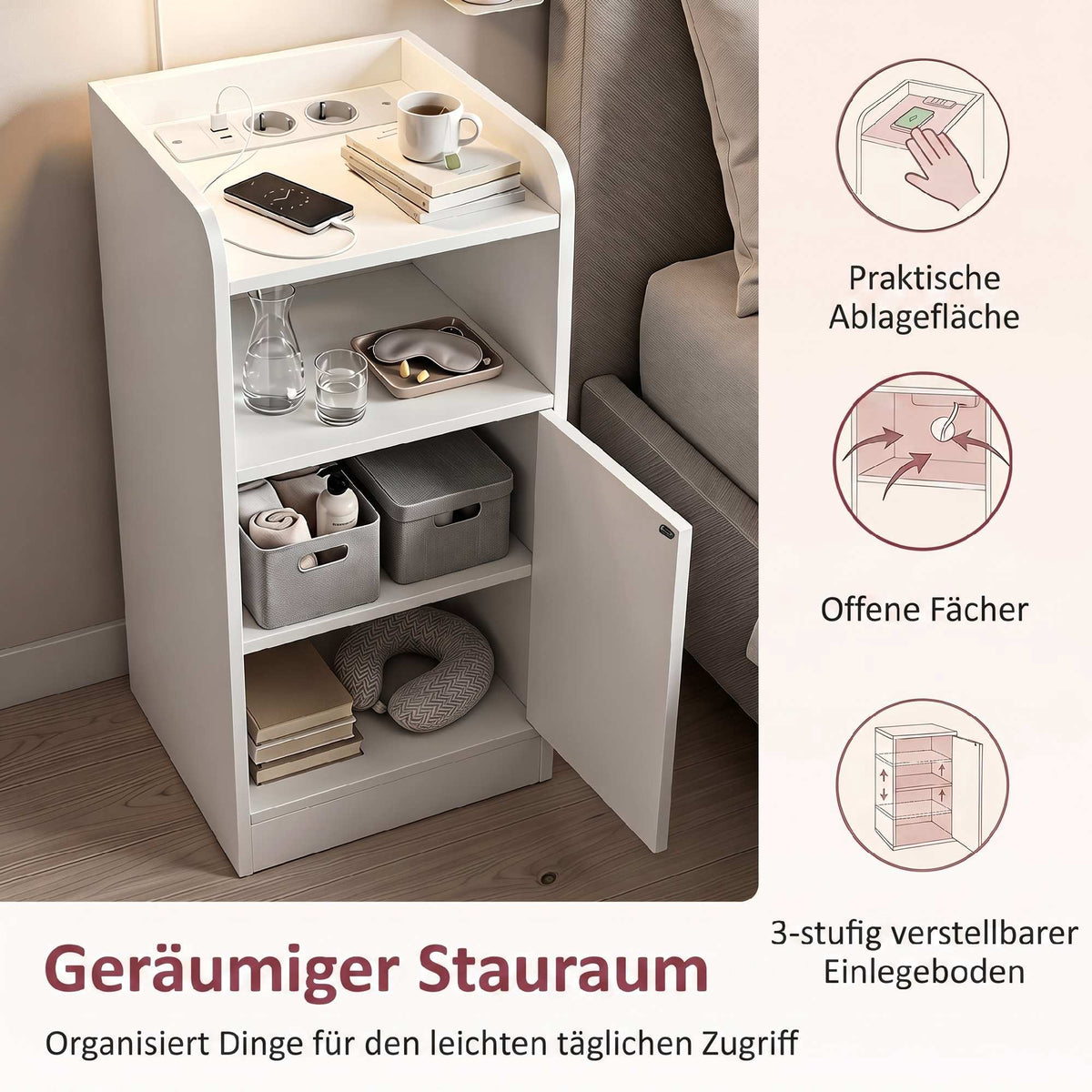 Slim Nightstand Set of 2 with Charging Station, Adjustable Shelf