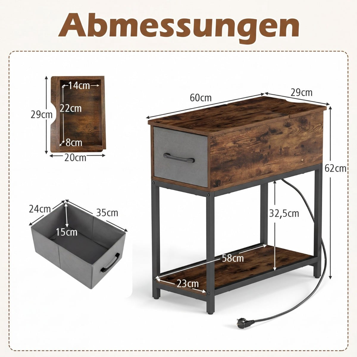Slim Nightstand with LED Lights and Charging Station