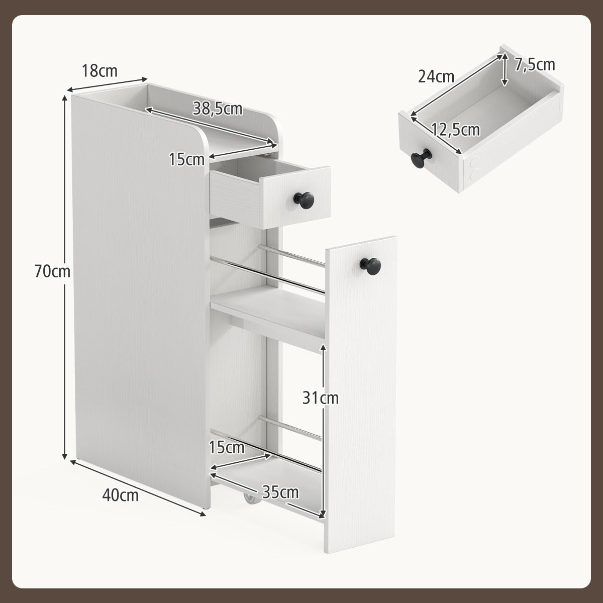 Slim Rolling Bathroom Cabinet with Open Shelf & 2 Drawers