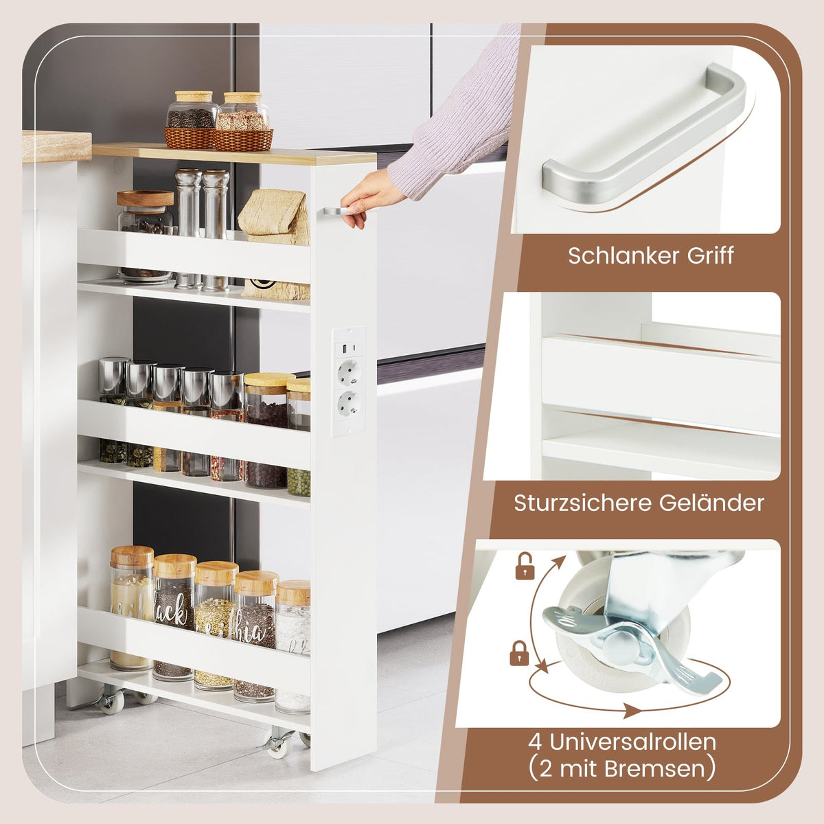 Slim Rolling Storage Cart with Charging Station, 4-Tier, 13cm