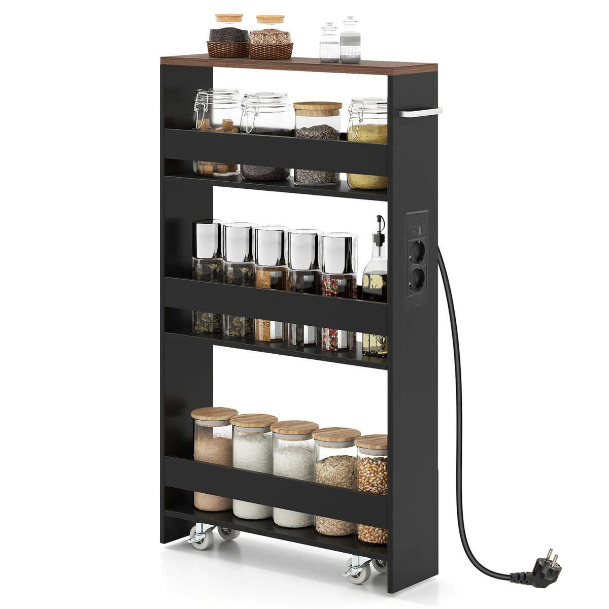 Slim Rolling Storage Cart with Charging Station, 4-Tier, Black