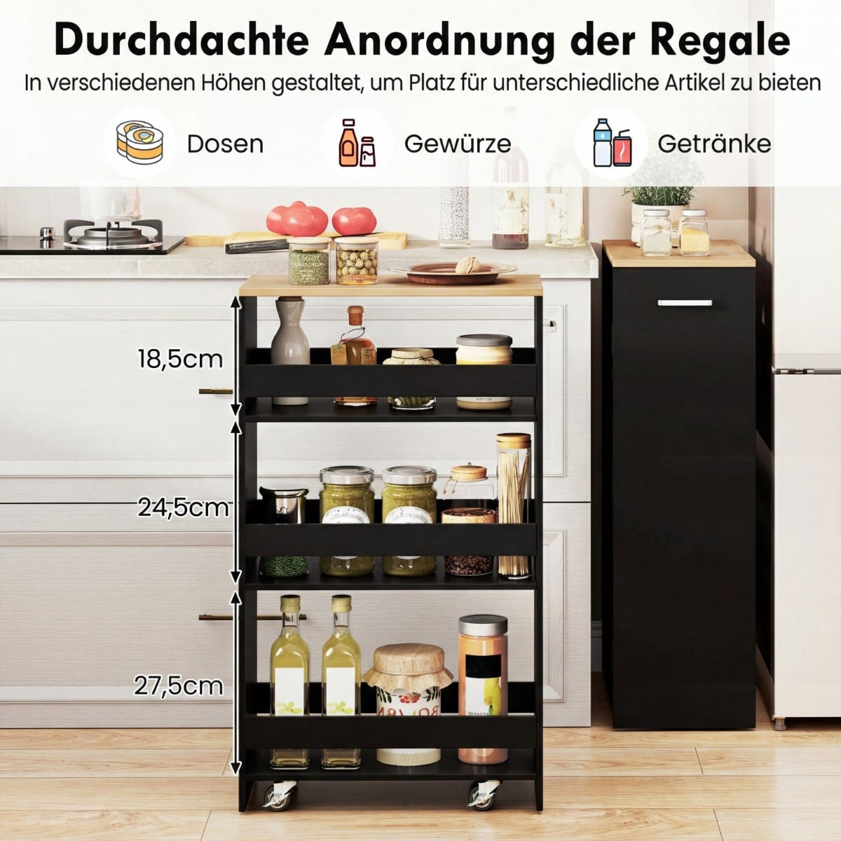 Slim Rolling Storage Cart with Charging Station, 4-Tier, Black