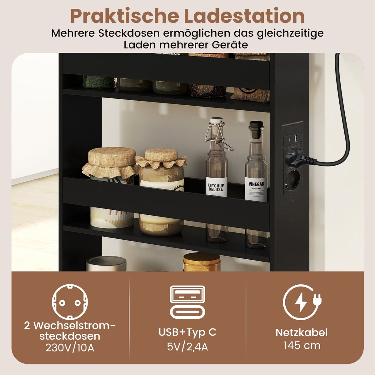 Slim Rolling Storage Cart with Charging Station, 4-Tier, Black