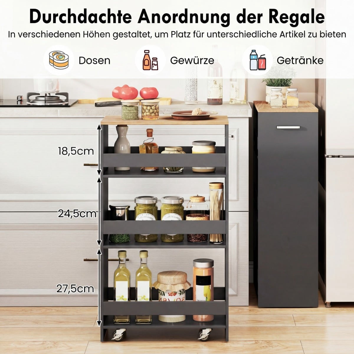 Slim Rolling Storage Cart with Charging Station, 4-Tier, Grey