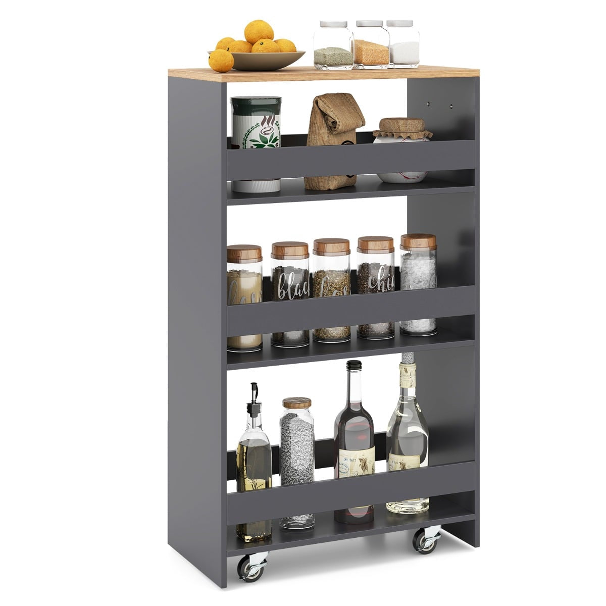Slim Rolling Storage Cart with Charging Station, 4-Tier, Grey