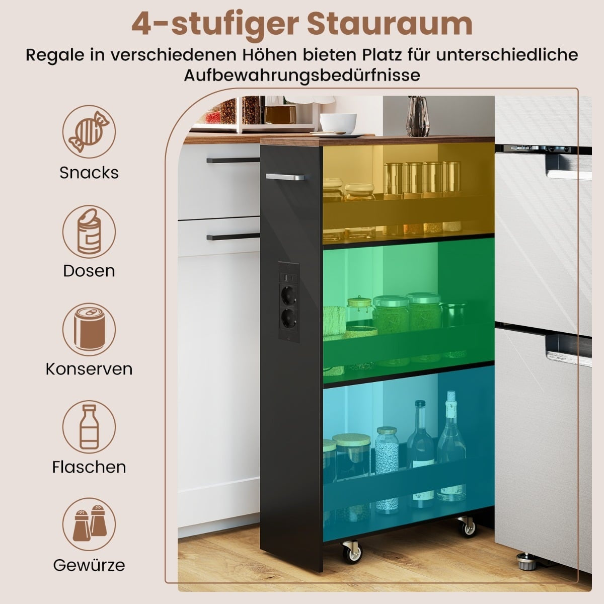 Slim Rolling Storage Cart with Charging Station – Black/Vintage Brown