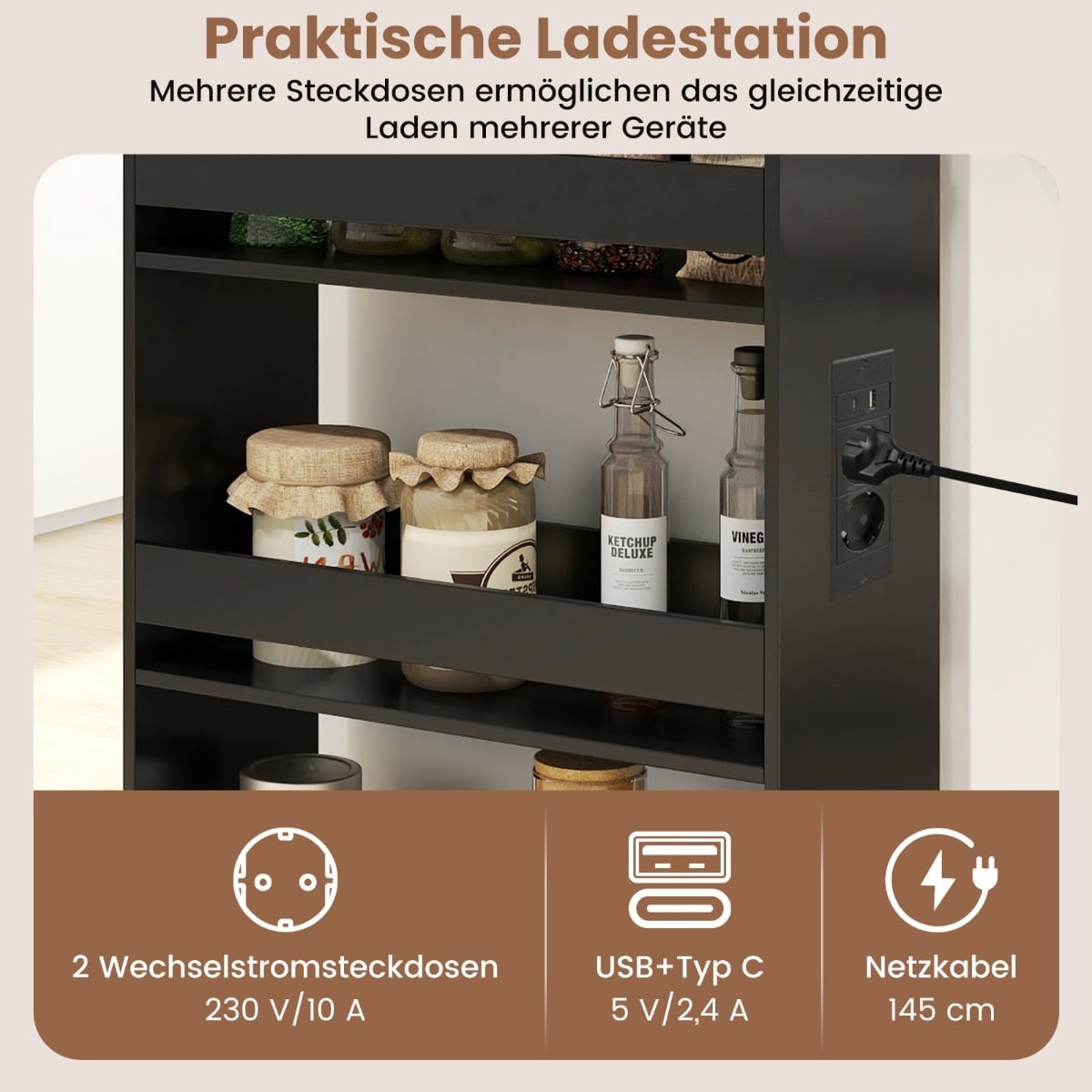 Slim Rolling Storage Cart with Charging Station – Black/Vintage Brown