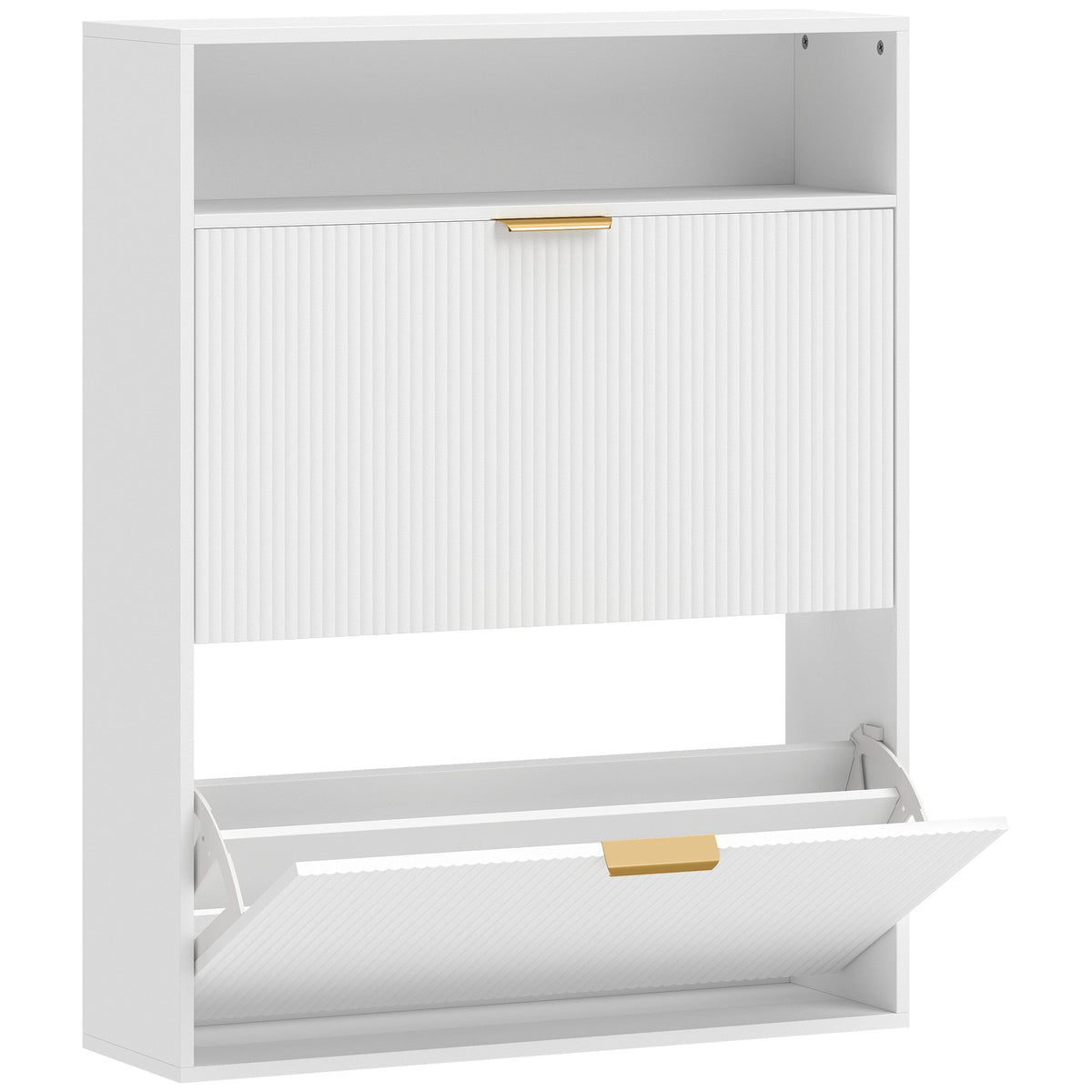 Slim Shoe Cabinet, 2 Flip Drawers, Top Shelf – 24 cm Deep, White