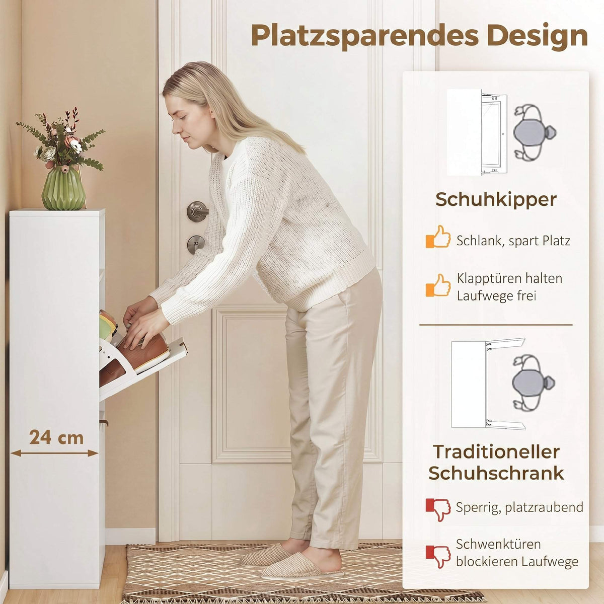 Slim Shoe Cabinet, 2 Flip Drawers, Top Shelf – 24 cm Deep, White