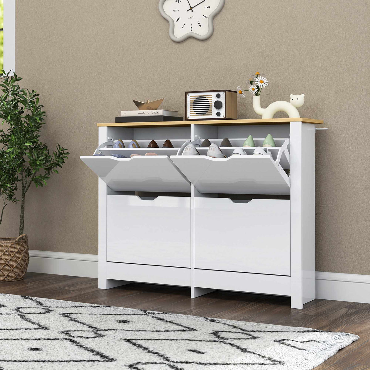 Slim Shoe Cabinet, 4 Flip Drawers, Holds 16 Pairs