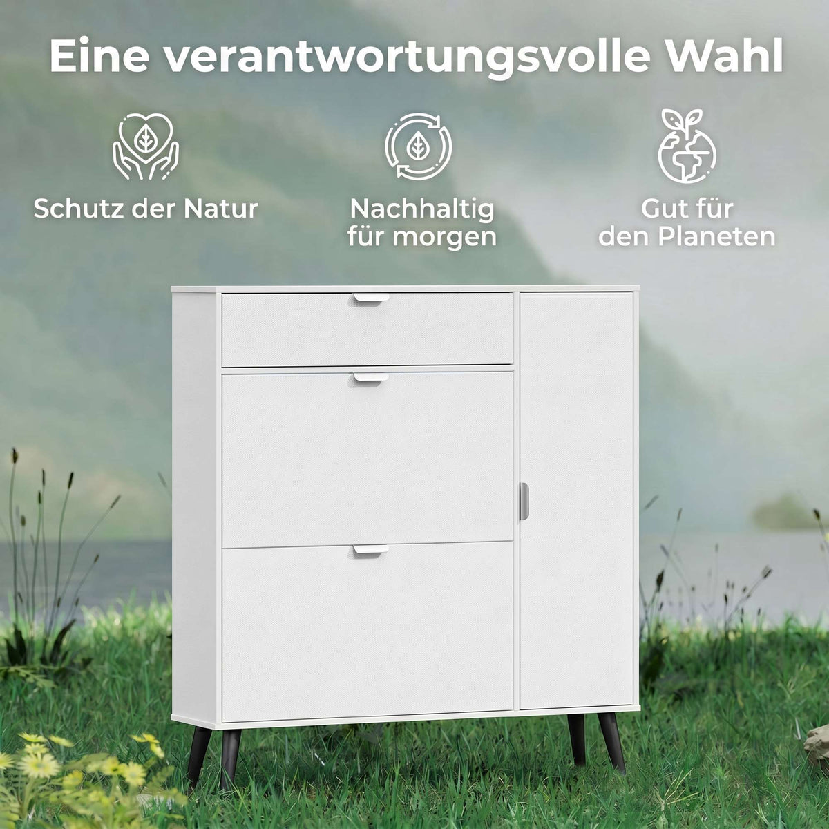 Slim Shoe Cabinet with 2 Flip Compartments, White MDF