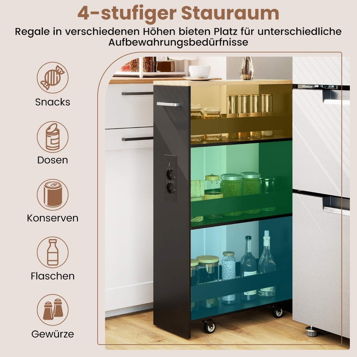 Slim Storage Cart with Charging Station – 4-Tier, Black