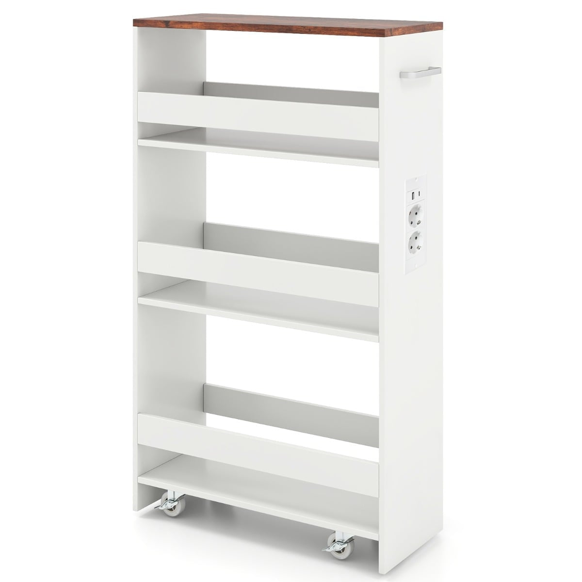 Slim Storage Cart with Charging Station – 4-Tier, Rustic Brown