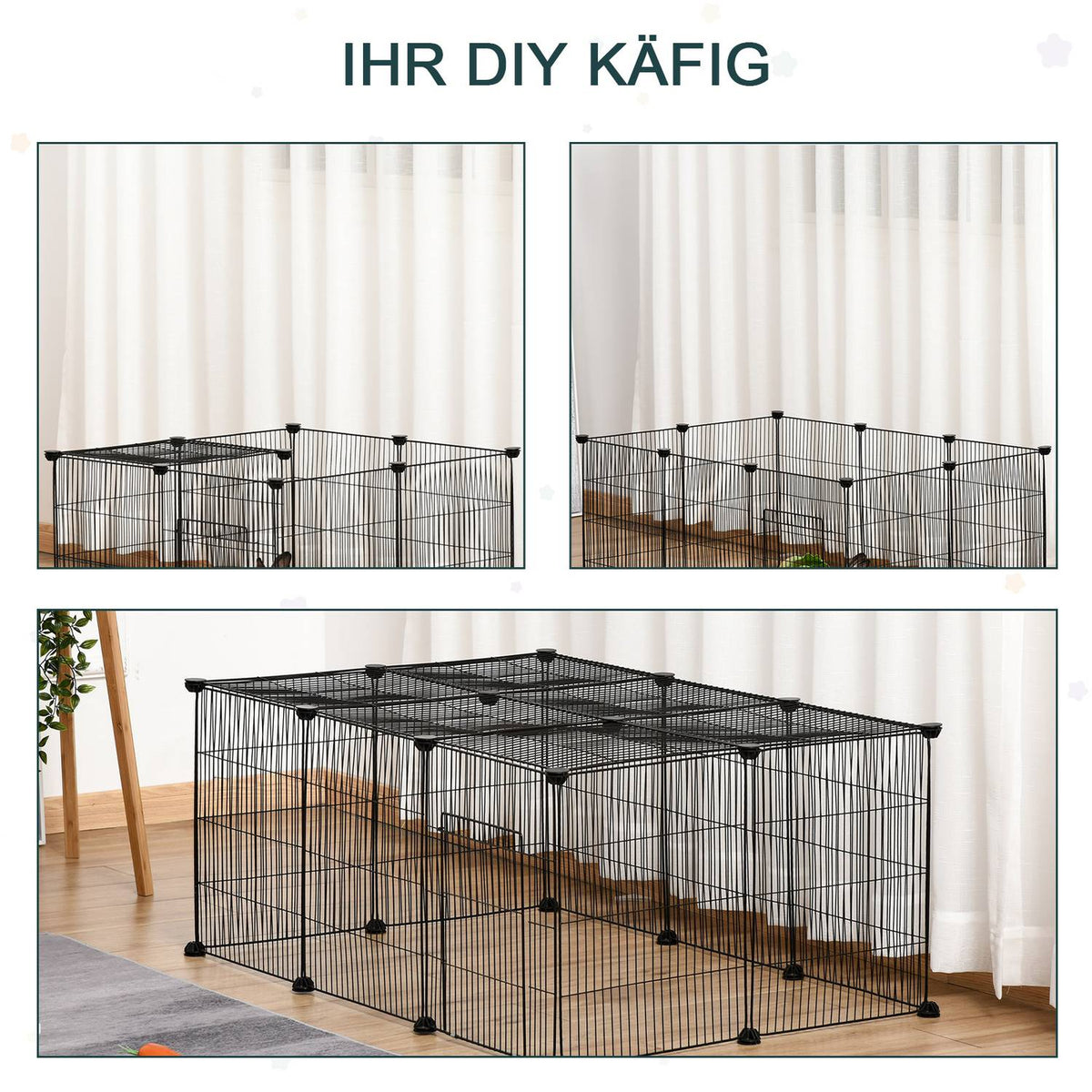 Small Animal Cage Diy Outdoor Enclosure With Non-Slip Mat & Multi-Angle Connections, Metal, Black, 105X70X45Cm