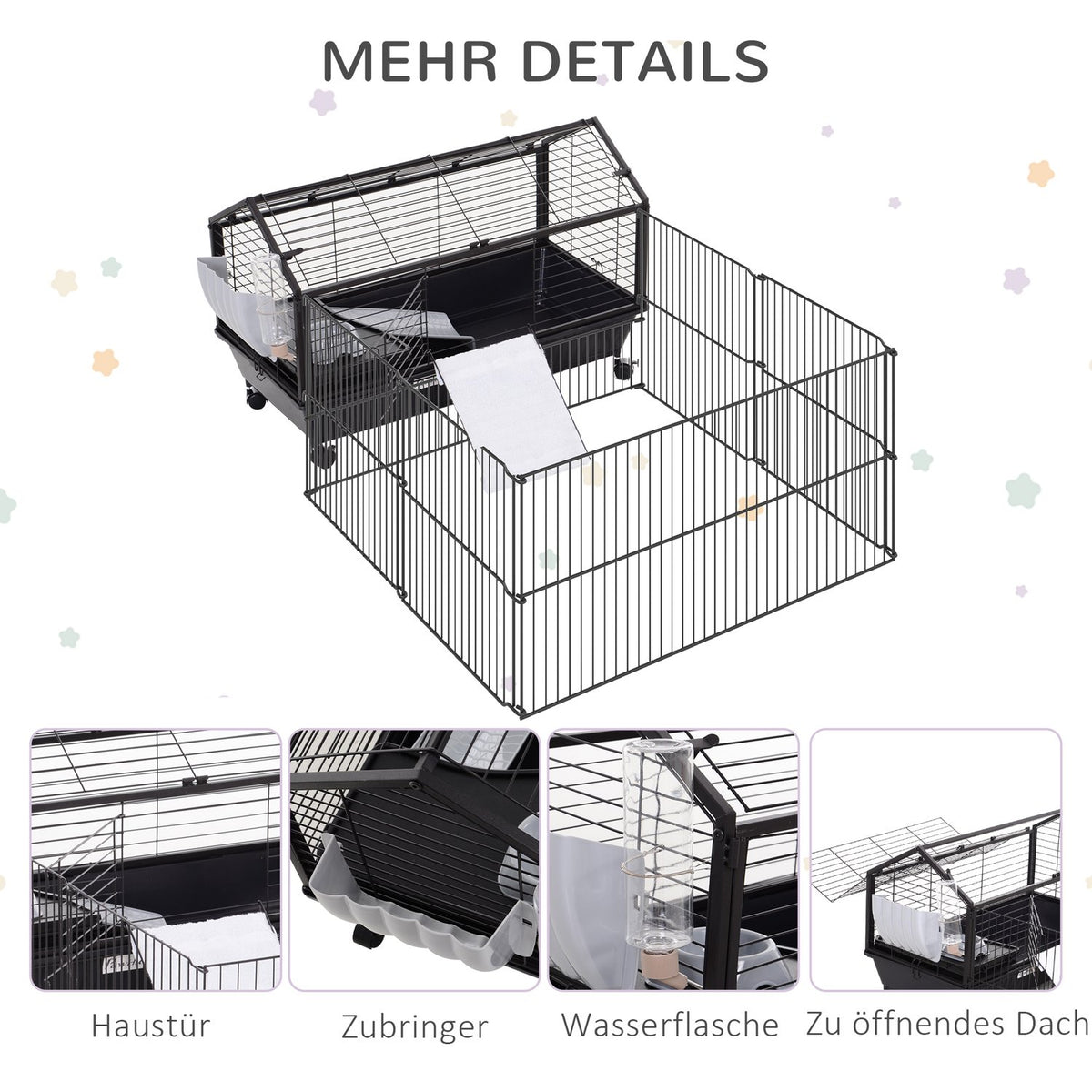 Small Animal Cage Rodent Cage For Guinea Pigs With Garden & Balcony, Metal, 88X128.5X56Cm