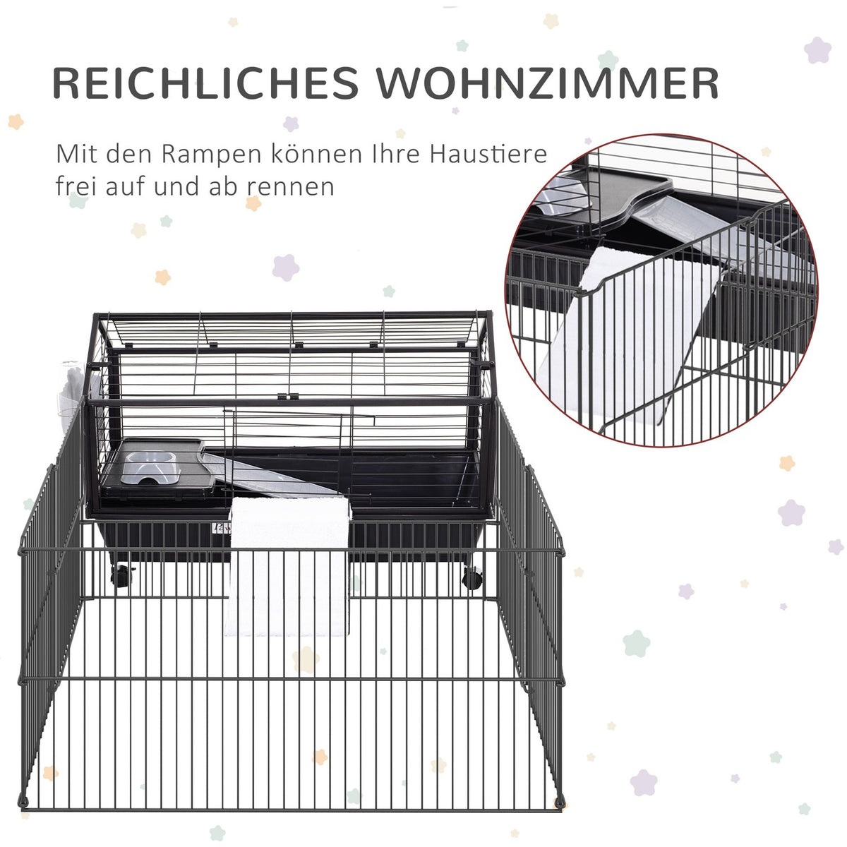 Small Animal Cage Rodent Cage For Guinea Pigs With Garden & Balcony, Metal, 88X128.5X56Cm