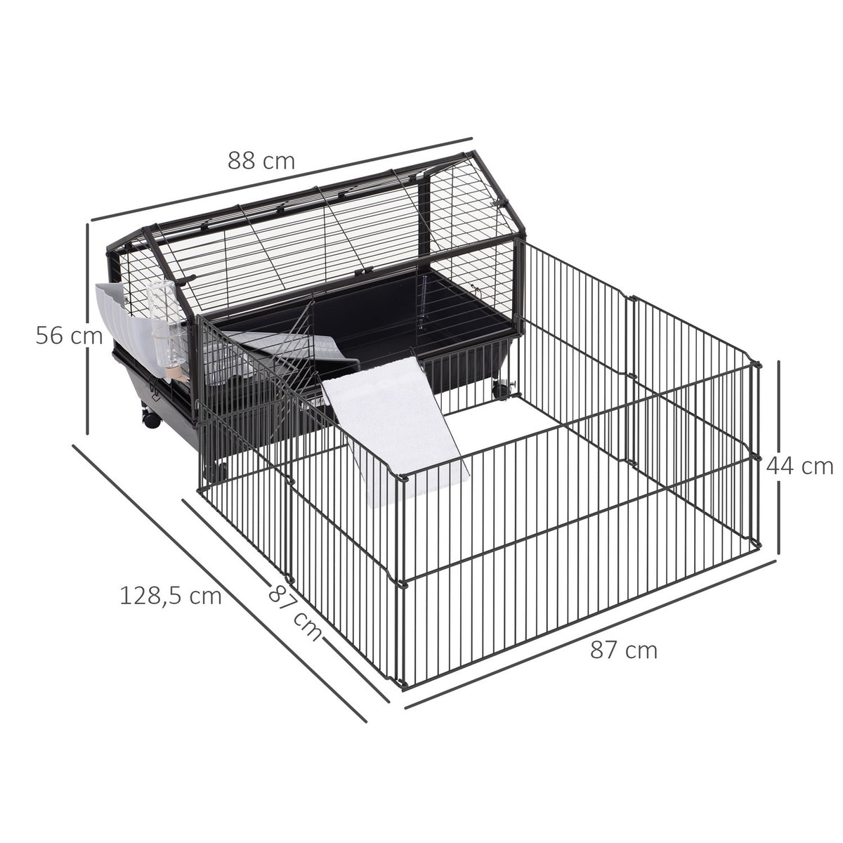 Small Animal Cage Rodent Cage For Guinea Pigs With Garden & Balcony, Metal, 88X128.5X56Cm