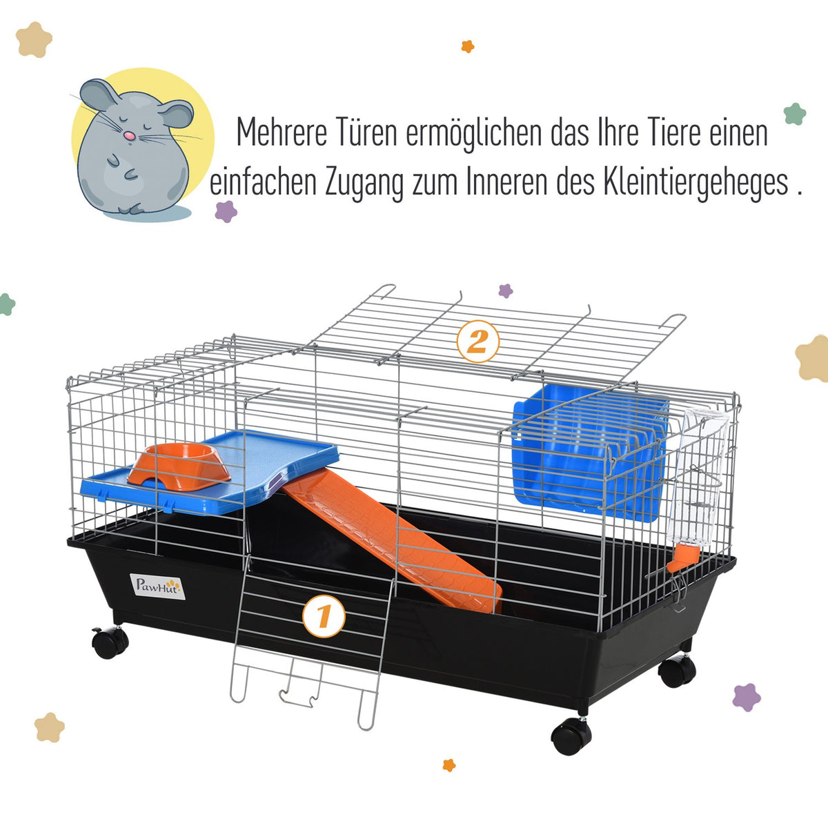 Small Animal Cage, Rollable Rodent Cage, Starter Set With All Accessories, Steel + Pp + Nylon, Black, 89X44X43 Cm