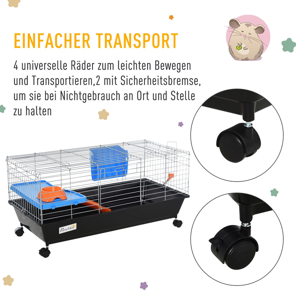 Small Animal Cage, Rollable Rodent Cage, Starter Set With All Accessories, Steel + Pp + Nylon, Black, 89X44X43 Cm