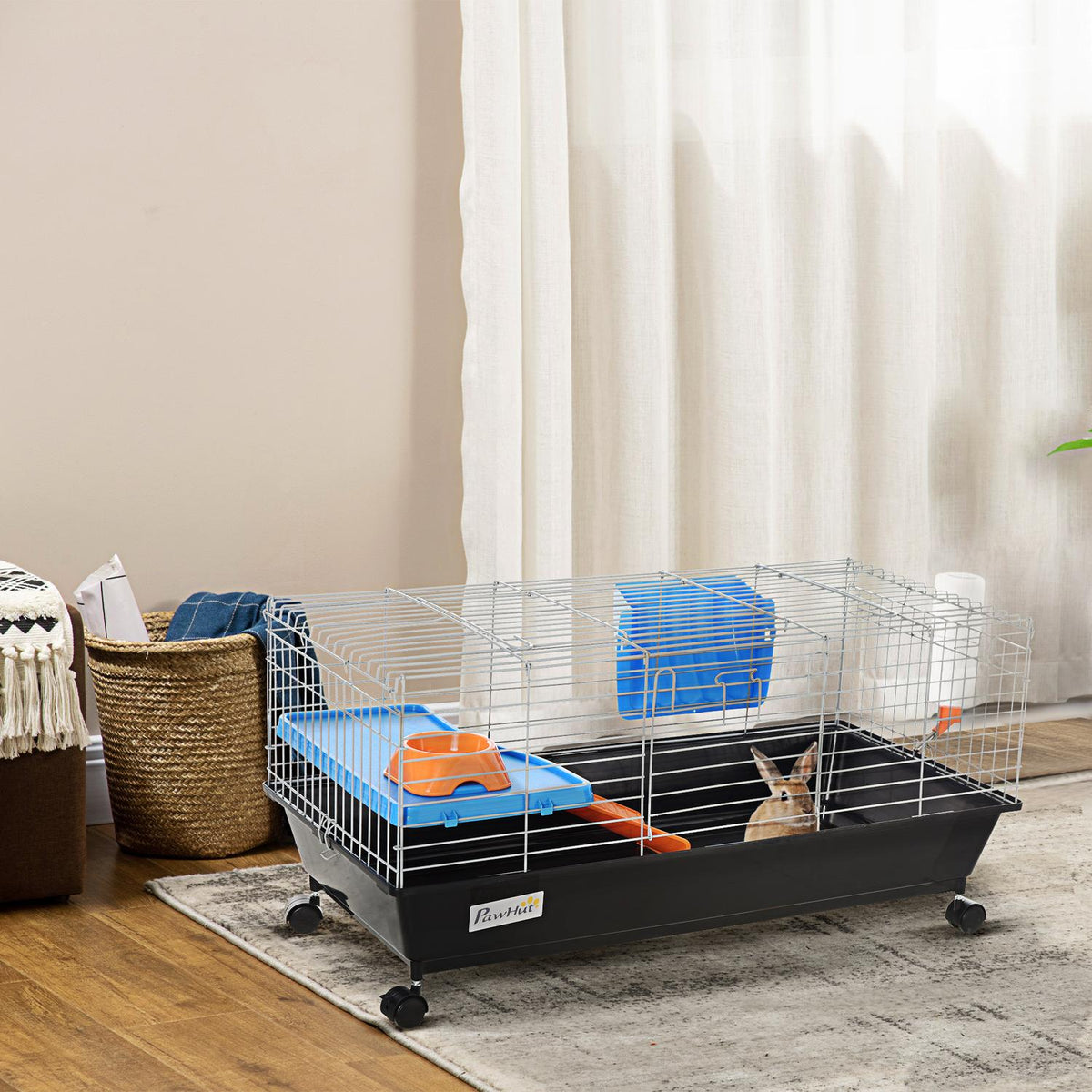 Small Animal Cage, Rollable Rodent Cage, Starter Set With All Accessories, Steel + Pp + Nylon, Black, 89X44X43 Cm