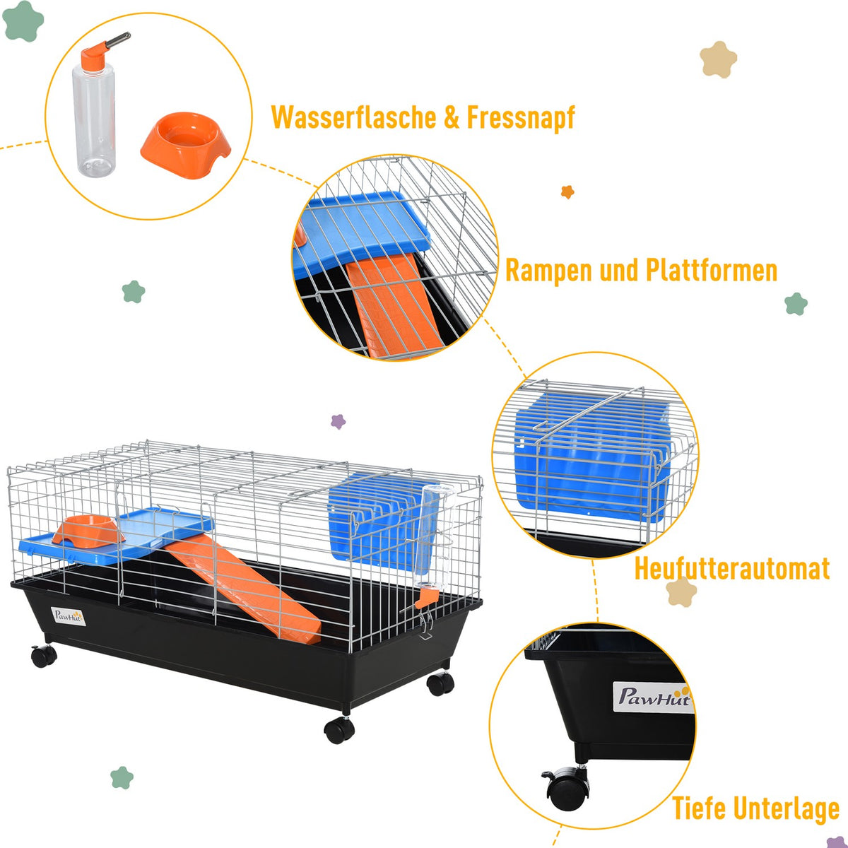Small Animal Cage, Rollable Rodent Cage, Starter Set With All Accessories, Steel + Pp + Nylon, Black, 89X44X43 Cm