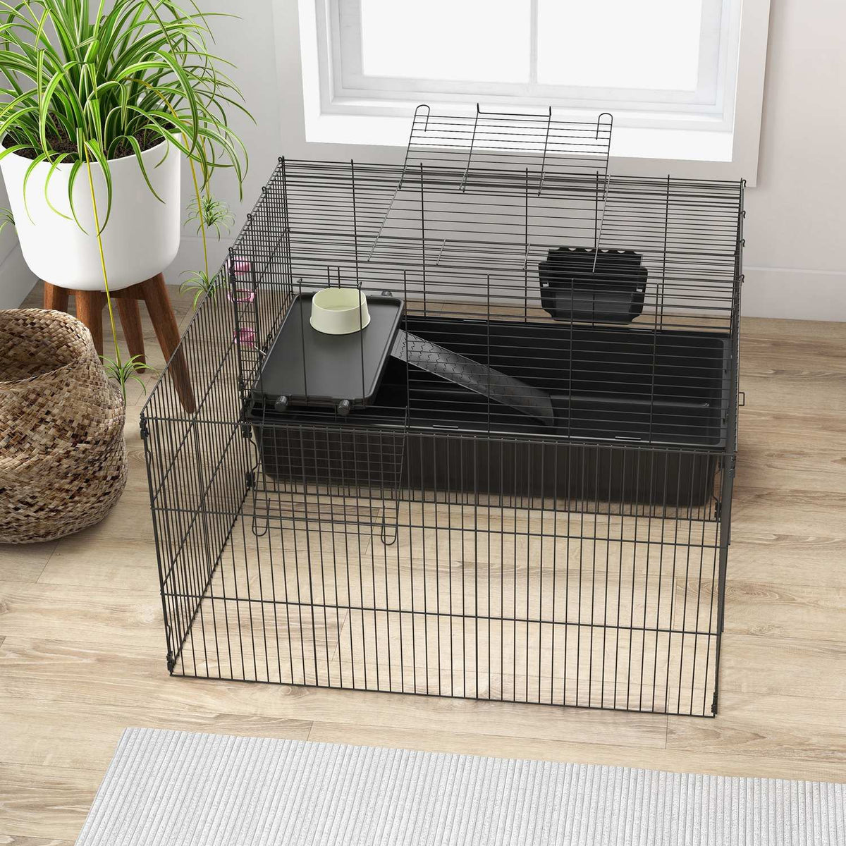 Small Animal Cage Small Animal Hutch With Water Bottle, Food Bowl, Rodent Cage With Feeding Trough, Accessories, Guinea Pig Cage For Small Animals Steel Black