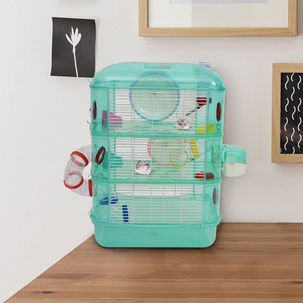 Small Animal Cage With Balance Wheel, Food Bowl, Drinking Bottle, Green, 40.5X28X55Cm