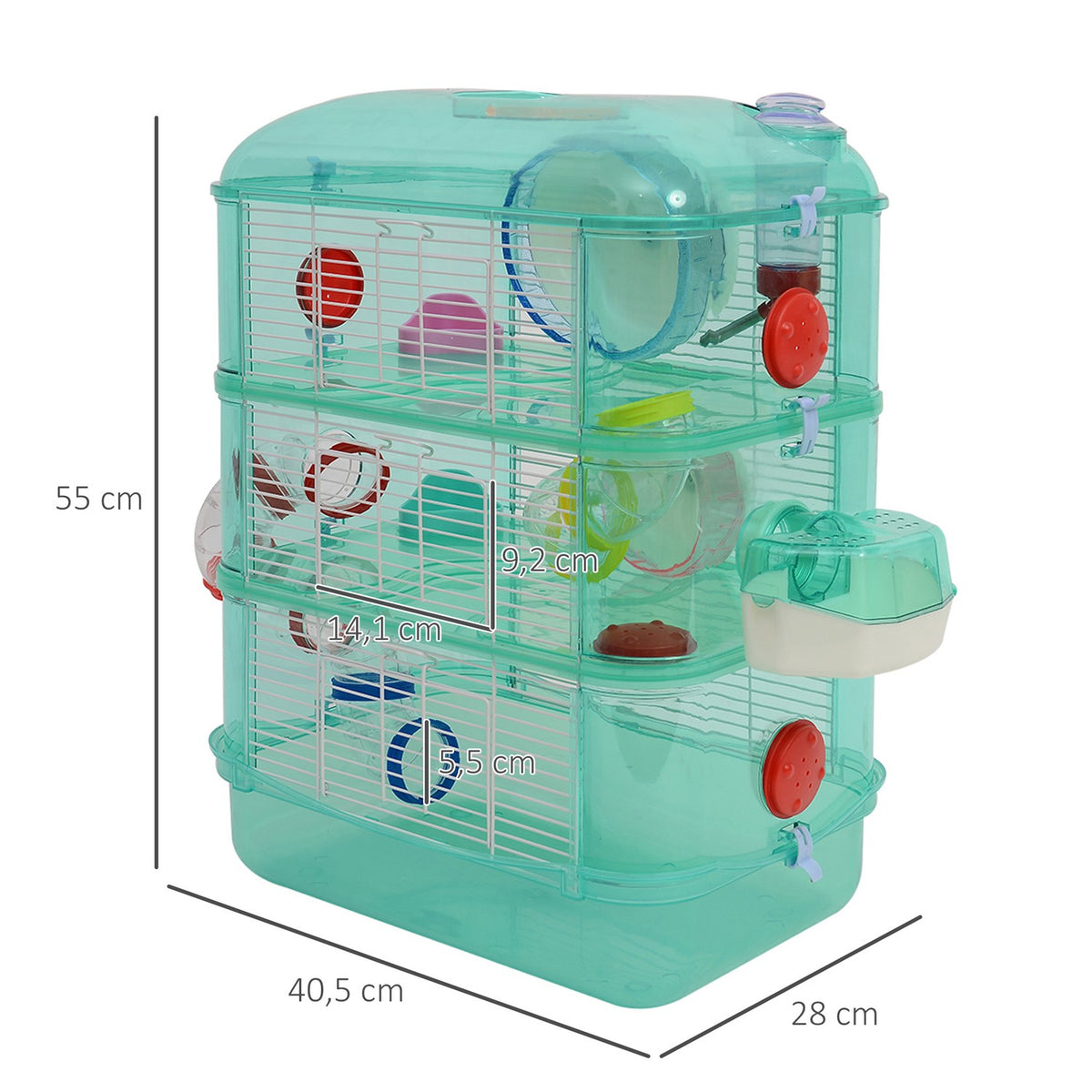 Small Animal Cage With Balance Wheel, Food Bowl, Drinking Bottle, Green, 40.5X28X55Cm