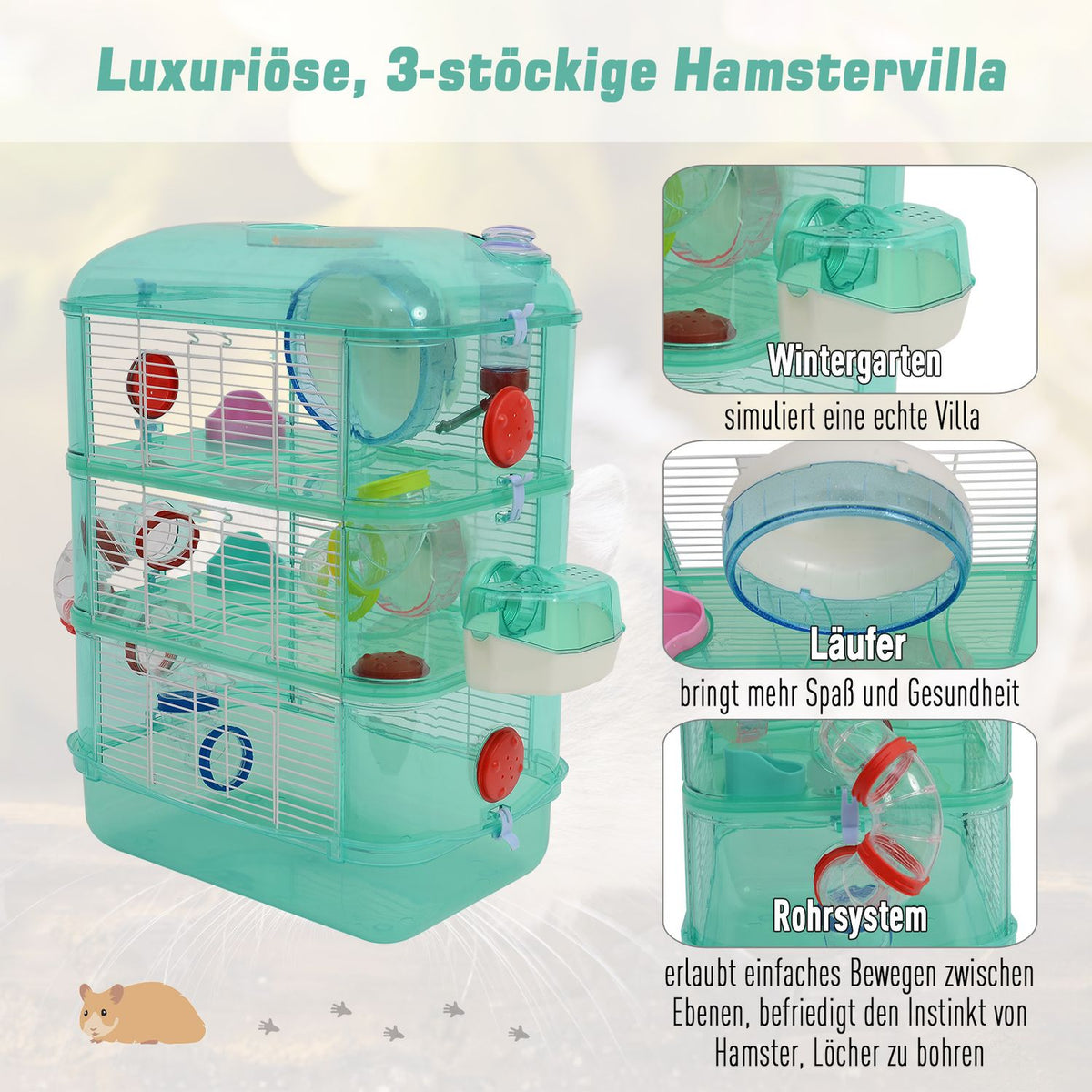 Small Animal Cage With Balance Wheel, Food Bowl, Drinking Bottle, Green, 40.5X28X55Cm