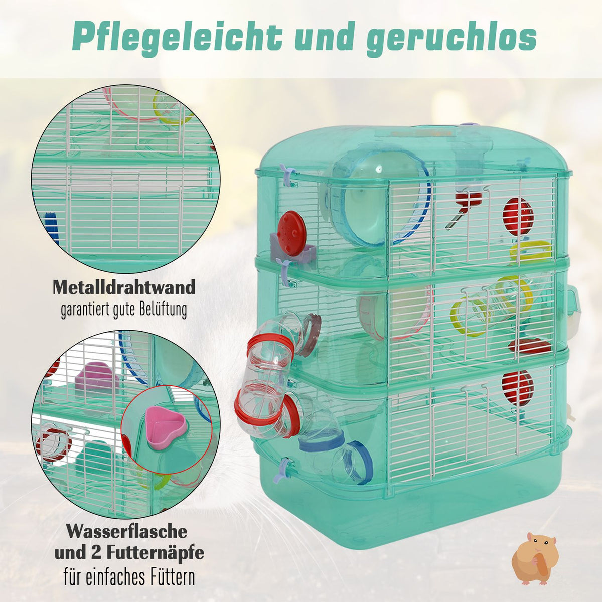 Small Animal Cage With Balance Wheel, Food Bowl, Drinking Bottle, Green, 40.5X28X55Cm